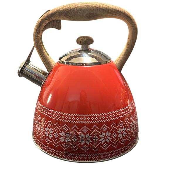 Masterclass Premium Class Red Snowflake Design Whistling Teapot - Picture 1 of 6